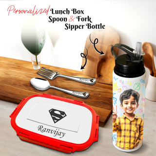 Personalized School Lunch Set – Name Engraved Lunch Box & Photo Printed Bottle