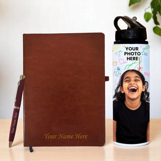 Personalized Gift Set – Custom Diary, Pen & Photo Bottle