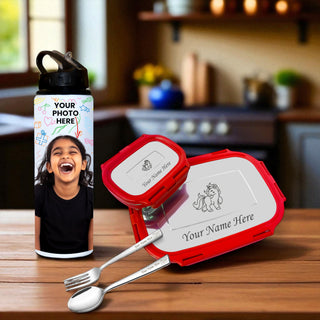 Personalized School Lunch Set – Name Engraved Lunch Box & Photo Printed Bottle