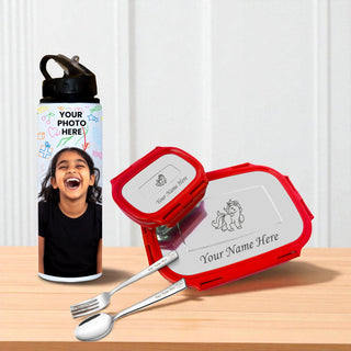 Personalized School Lunch Set – Name Engraved Lunch Box & Photo Printed Bottle
