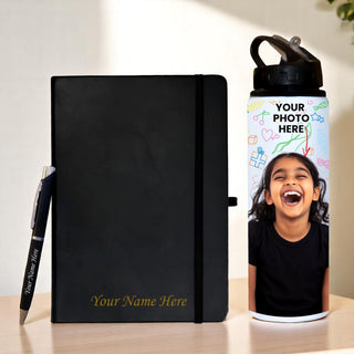 Personalized Gift Set – Custom Diary, Pen & Photo Bottle