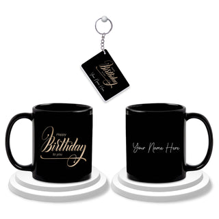 Birthday Gift Combo – Black Ceramic Coffee Mug & Acrylic Keychain with 'Happy Birthday' Quote & Custom Name