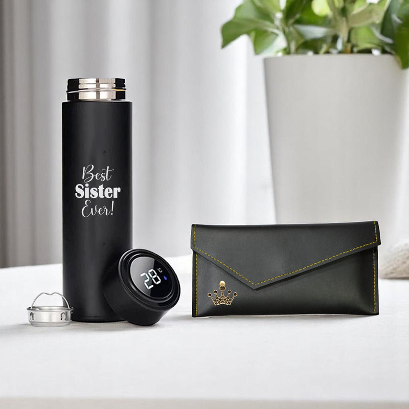 Black Leather Women's Clutch & Temperature Black Bottle with Quote.