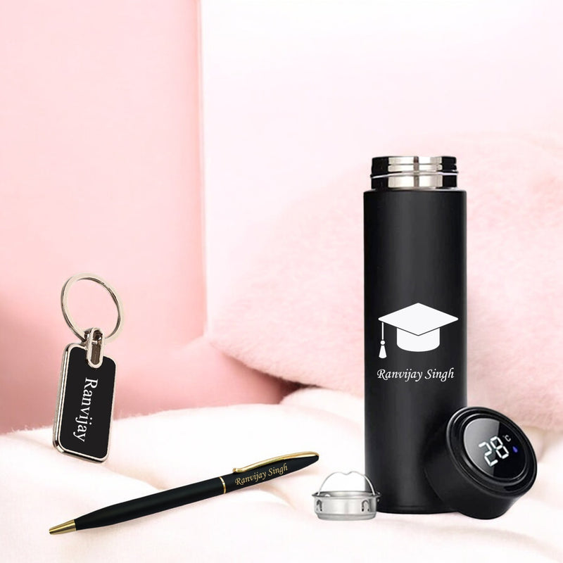 Graduation Gift Combo - Slim Pen, Engraved Keychain & Black Bottle
