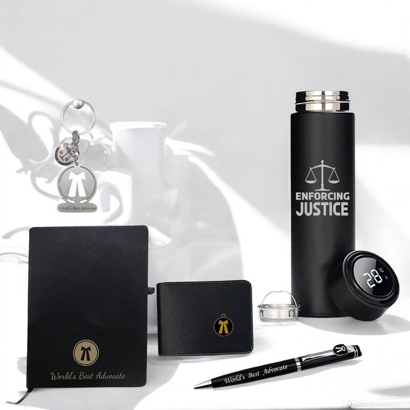 Advocate Gift Set: Pen, Keychain, Black Bottle, Diary, Wallet With 'World's Best Advocate' Quote.