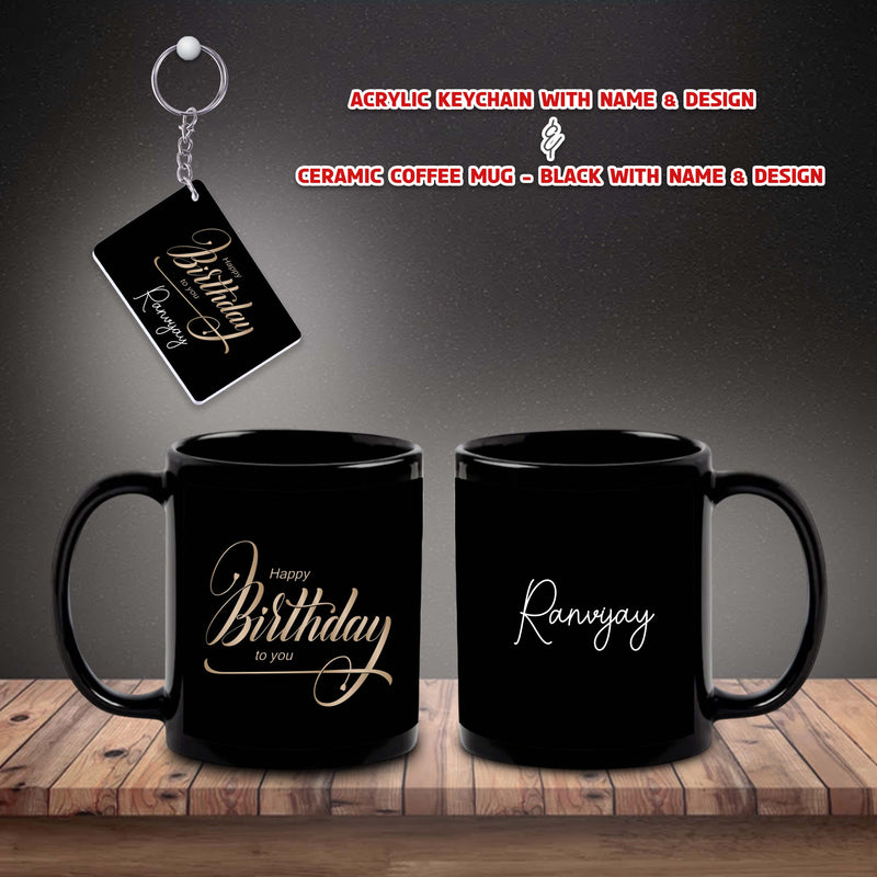 Birthday Gift Combo – Black Ceramic Coffee Mug & Acrylic Keychain with 'Happy Birthday' Quote & Custom Name