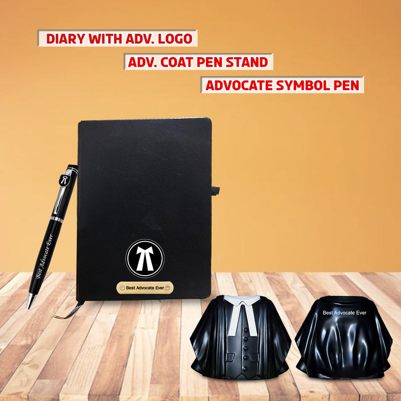 Advocate Desk Set: Pen Stand, Engraved Pen & A5 Diary with Advocate Logo.