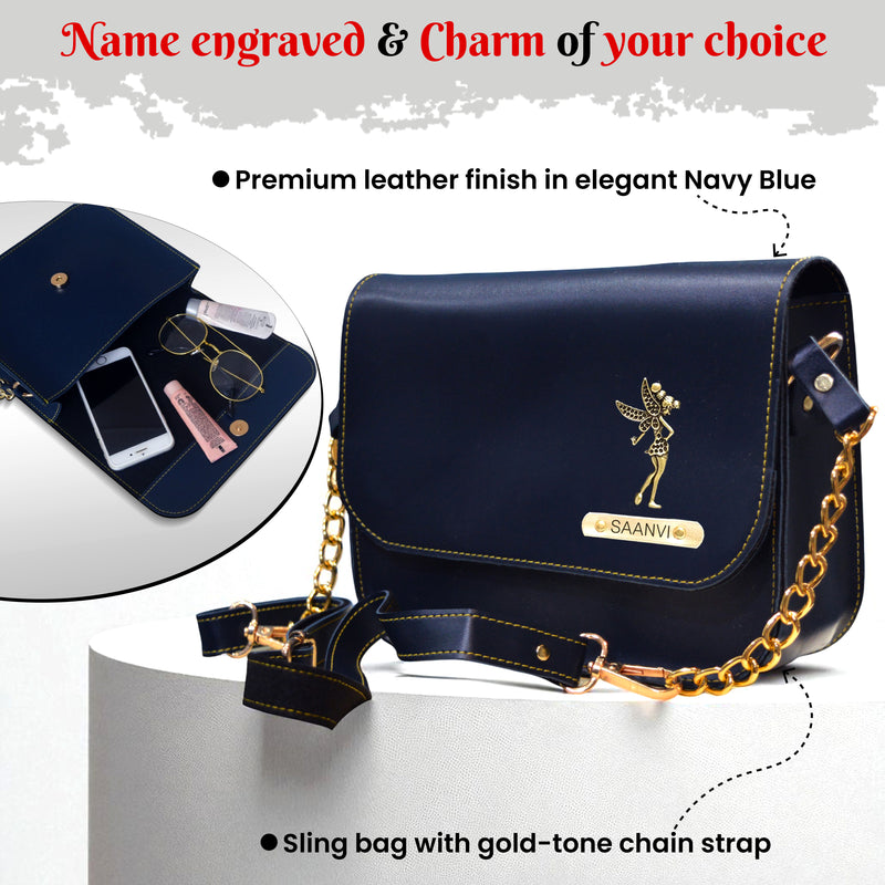 Leather Couple Gift Combo of a personalized Men's wallet and women's chain sling bag with a name and elegant charm.