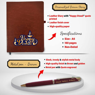 Diwali Gift Combo – Leather Diary, 'Happy Diwali' Bottle & Engraved Pen.