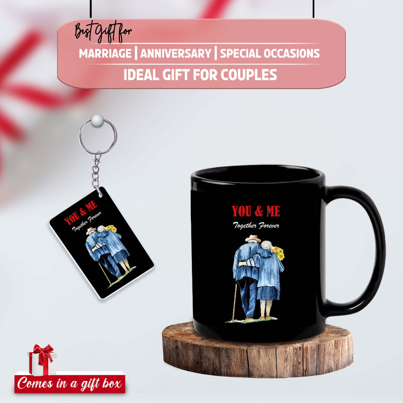 Anniversary Black Coffee Mug & Keychain Set – 'You And Me We Got This' Quote with Old Couple Design Printed.