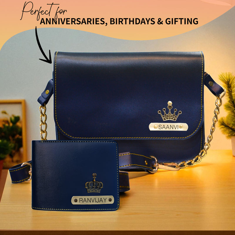 Leather Couple Gift Combo of a personalized Men's wallet and women's chain sling bag with a name and elegant charm.
