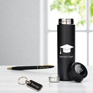 Graduation Gift Combo- Slim Pen, Metal Keychain and Black Bottle