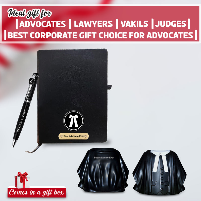 Advocate Desk Set: Pen Stand, Engraved Pen & A5 Diary with Advocate Logo.
