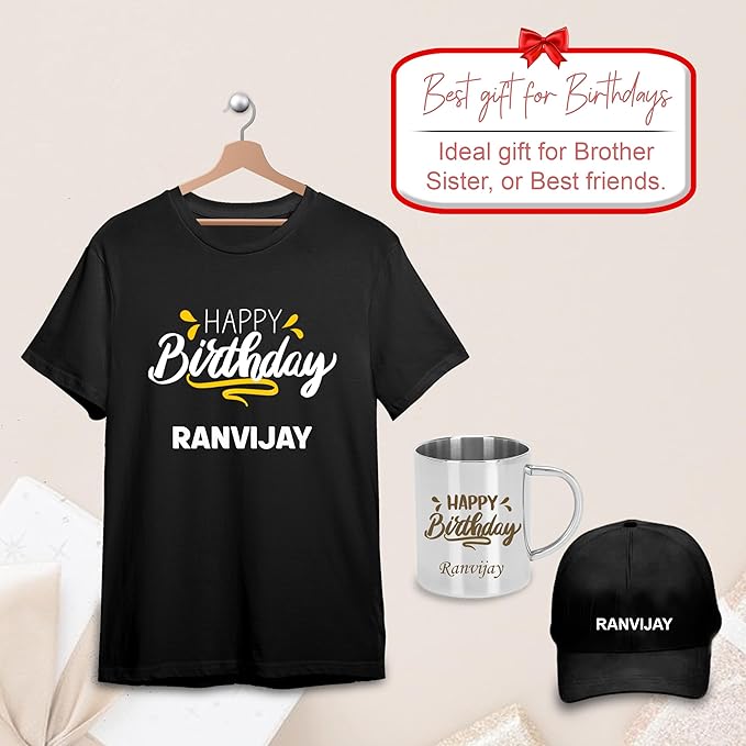 Kids' Birthday Gift Combo - Custom Cap, T-Shirt, & Steel Mug.