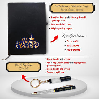 Diwali Gift Set - Crystal Pen, Keychain, Coffee Mug & Leather Diary.