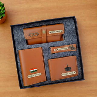 Personalized Men's Leather Gift Set - Wallet, Keychain, Eyewear & Passport Cover.