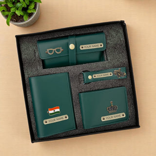 Personalized Men's Leather Gift Set - Wallet, Keychain, Eyewear & Passport Cover.