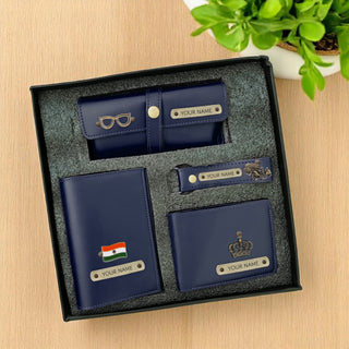 Personalized Men's Leather Gift Set - Wallet, Keychain, Eyewear & Passport Cover.