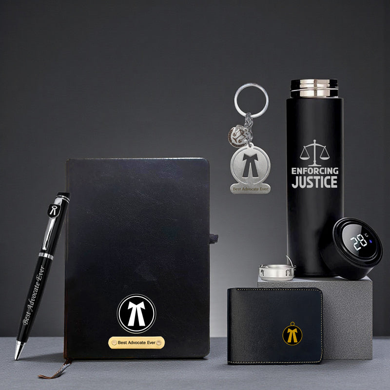 Advocate Gift Set: Pen, Keychain, Black Bottle, Diary, Wallet With 'World's Best Advocate' Quote.