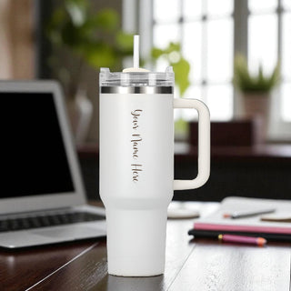 Personalized Stainless Steel Travel Tumbler with Lid, Straw & Name Engraving.