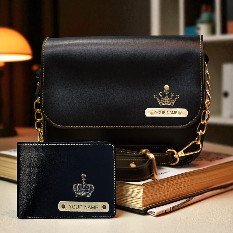Leather Couple Gift Combo of a personalized Men's wallet and women's chain sling bag with a name and elegant charm.
