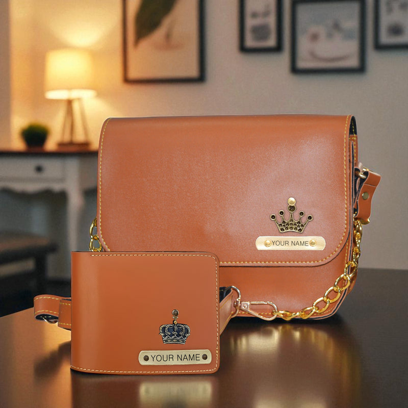 Leather Couple Gift Combo of a personalized Men's wallet and women's chain sling bag with a name and elegant charm.