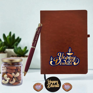 Diwali Gift Set - Leather Diary, Engraved Pen, Dry Fruit Jar & Diyas.