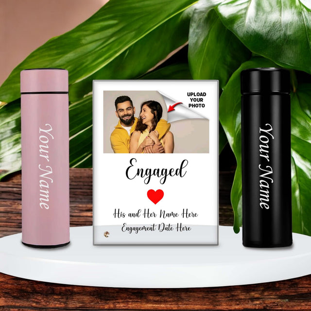 Engagement Combo – Custom Acrylic Frame & Engraved Pink & Black Bottle Set.