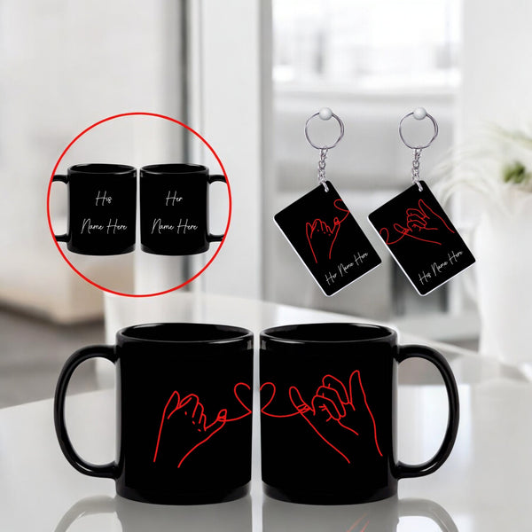 Anniversary Gift Set – Black Coffee Mugs (Set of 2) & Keychains with Name Printed – Valentine's Day Gift.