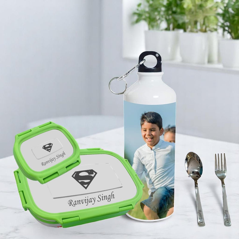 Kids Combo: Photo Bottle & Name Engraved Steel Lunch Box.
