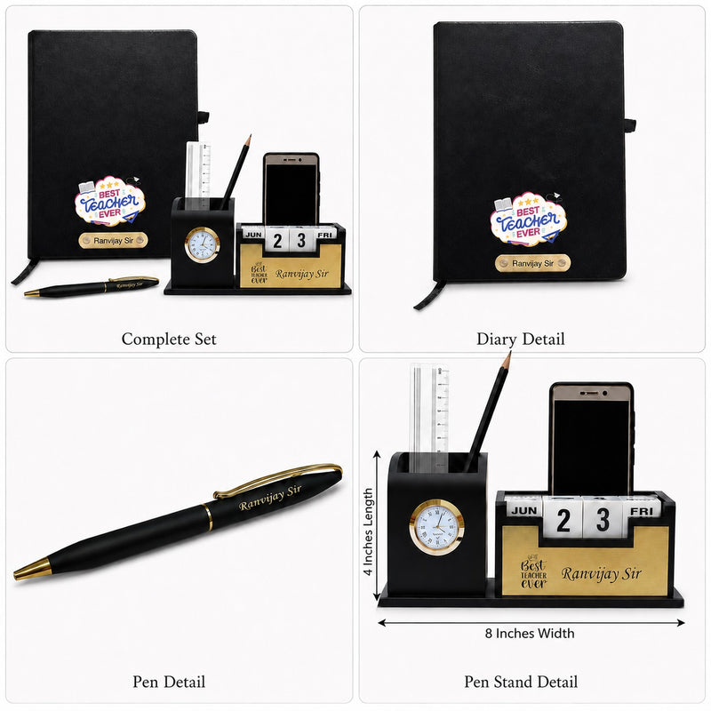 Customized Teacher's Combo Set- Customized Diary with Name, Personalized Pen with Name Engraved, Pen Stand with Clock