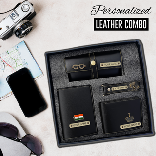 Personalized Men's Leather Gift Set - Wallet, Keychain, Eyewear & Passport Cover.