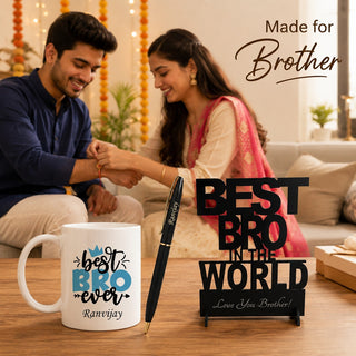 Customized Rakshabandhan Gift for Brother Personalized Pen with Name Engraved Best Bro Stand and Awesome Bro Ever Ceramic Mug