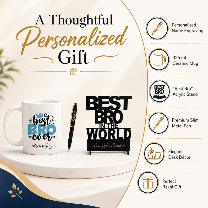 Customized Rakshabandhan Gift for Brother Personalized Pen with Name Engraved Best Bro Stand and Awesome Bro Ever Ceramic Mug