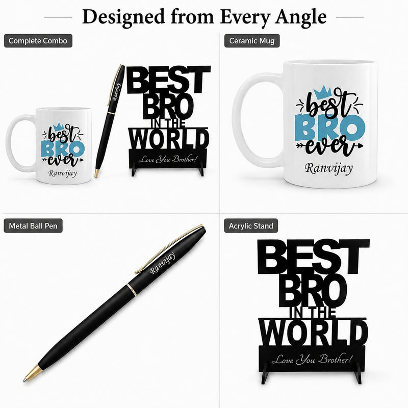 Customized Rakshabandhan Gift for Brother Personalized Pen with Name Engraved Best Bro Stand and Awesome Bro Ever Ceramic Mug