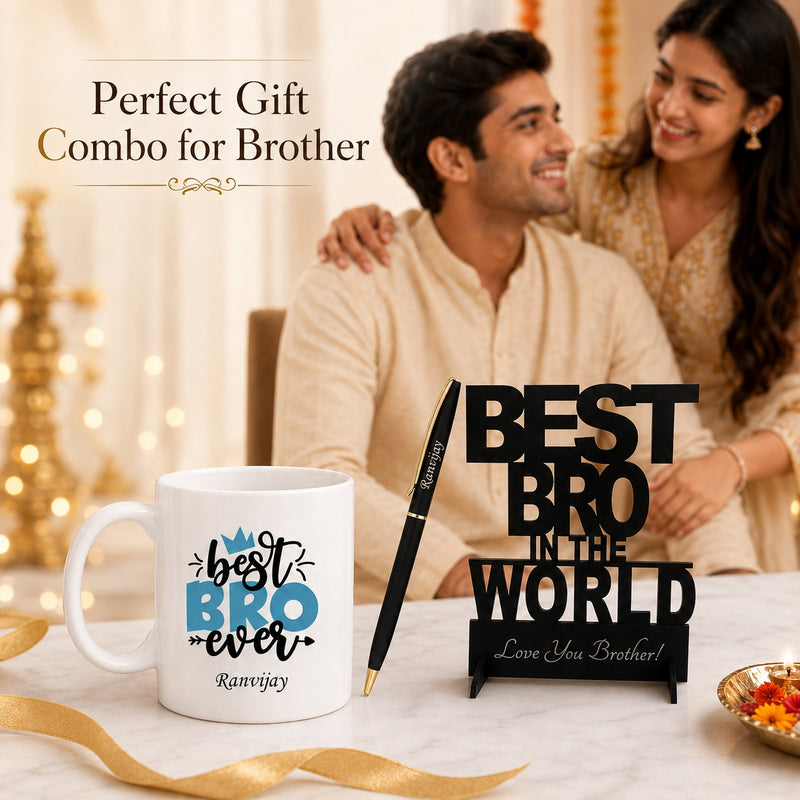 Customized Rakshabandhan Gift for Brother Personalized Pen with Name Engraved Best Bro Stand and Awesome Bro Ever Ceramic Mug