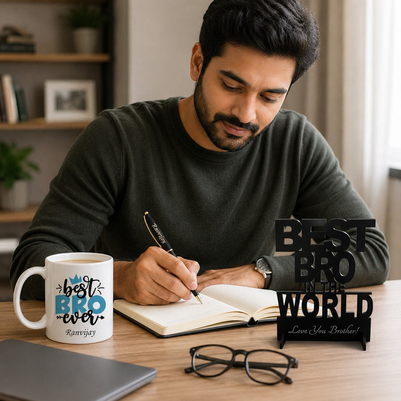 Customized Rakshabandhan Gift for Brother Personalized Pen with Name Engraved Best Bro Stand and Awesome Bro Ever Ceramic Mug