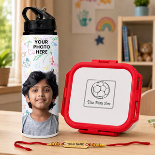 Customized Rakhi Gift Set for Kids, Customized Name Lunch Box with Cartoon Print, Photo Printed Water Bottle & Foil Rakhi