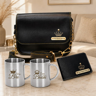 Customized Rakshabandhan Gift for Bhaiya & Bhabhi | Engraved Men's Wallet & Women's Sling Bag with Name & Charm | King Bro & Queen Bhabhi Steel Mugs