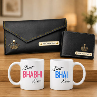 Customized Name Engraved Men's Wallet & Women's Clutch with Charm | Best Bhaiya Ever & Best Bhabhi Ever Ceramic Couple Mug Set| Personalized Gift for Bhaiya & Bhabhi