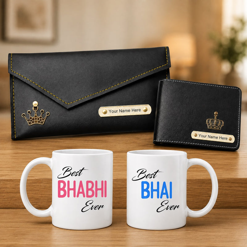 Customized Name Engraved Men's Wallet & Women's Clutch with Charm | Best Bhaiya Ever & Best Bhabhi Ever Ceramic Couple Mug Set| Personalized Gift for Bhaiya & Bhabhi