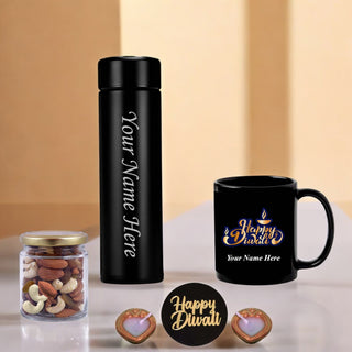 Diwali Gift Set – Bottle, Mug, Dry Fruit Jar & Diyas – Perfect for Family & Corporate Gifts.