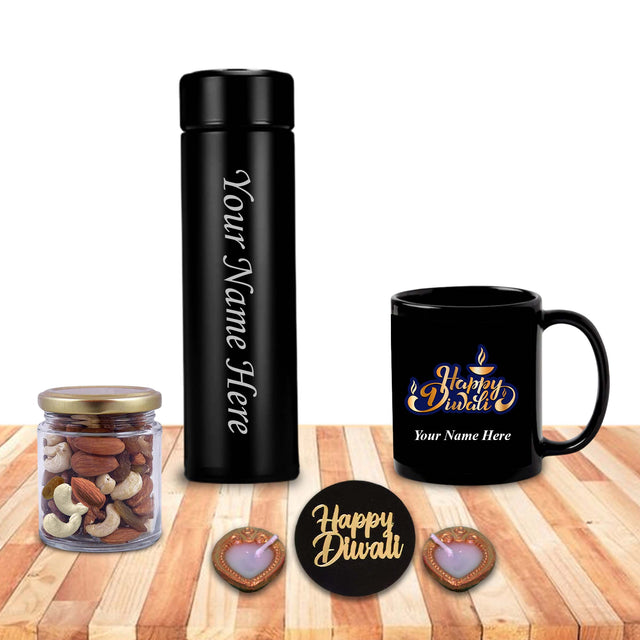 Diwali Gift Set – Bottle, Mug, Dry Fruit Jar & Diyas – Perfect for Family & Corporate Gifts.