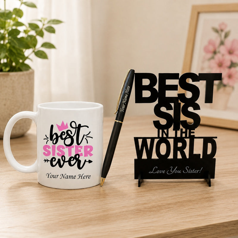 Personalized Gift Set for Sister | Customized Pen with Name Engraved, Awesome Sister Ever Mug & Best Sister in the World Acrylic Stand