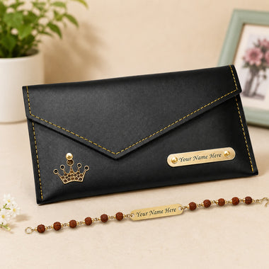 Customized  Rakhi Gift for Sister | Name Engraved Clutch & Rudraksh Name Rakhi