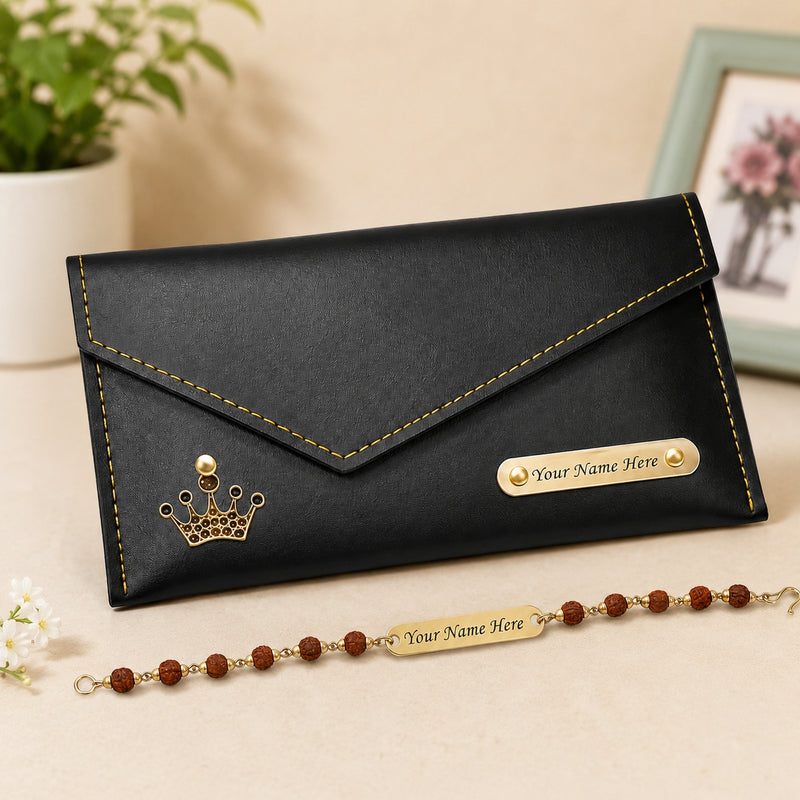 Customized  Rakhi Gift for Sister | Name Engraved Clutch & Rudraksh Name Rakhi