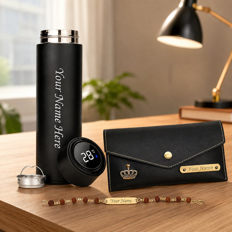 Customized Rakshabandhan Gift for Sister | Name Engraved Black Leather Clutch Purse, Temperature Bottle & Rudraksh Rakhi