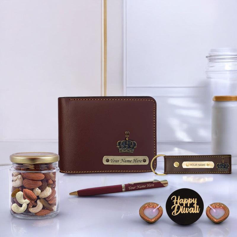 Diwali Gift Set for Men – Wallet, Pen, Keychain With Dry Fruits & Diya's.