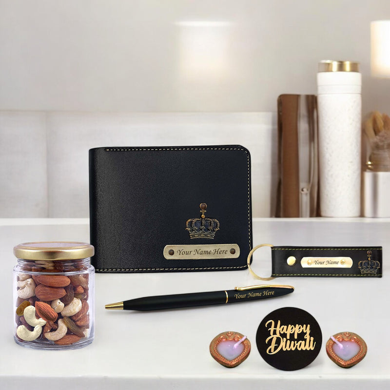 Diwali Gift Set for Men – Wallet, Pen, Keychain With Dry Fruits & Diya's.