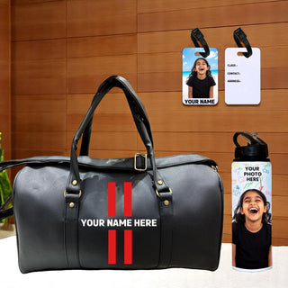 Kids Personalized Travel Set – Duffle Bag, Photo Sipper Bottle & Luggage Tag.
